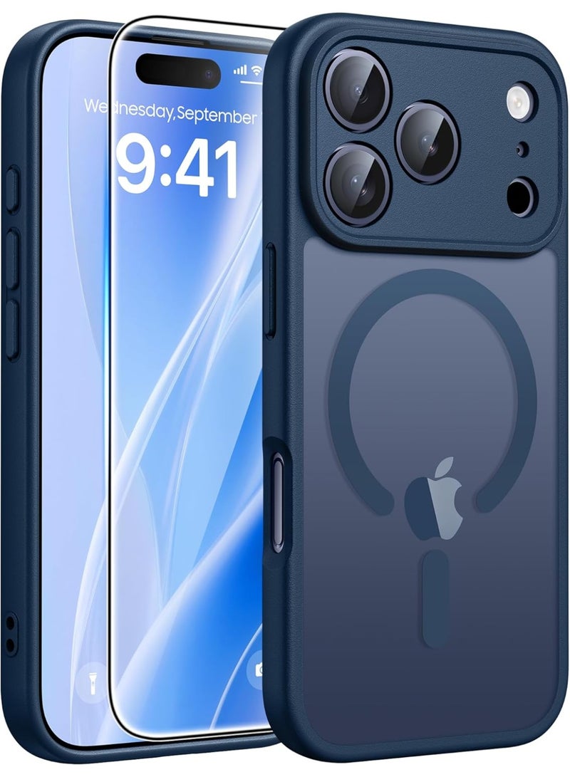 CHEROSIN غطاء 2 في 1 لجهاز iPhone 17 Pro Max متوافق مع Magsafe، غطاء غير لامع شفاف مع واقي شاشة زجاجي مقسى، غطاء هاتف مقاوم للصدمات بمعيار عسكري لجهاز 17 Pro Max بحجم 6.9 بوصة، أزرق - Image 1