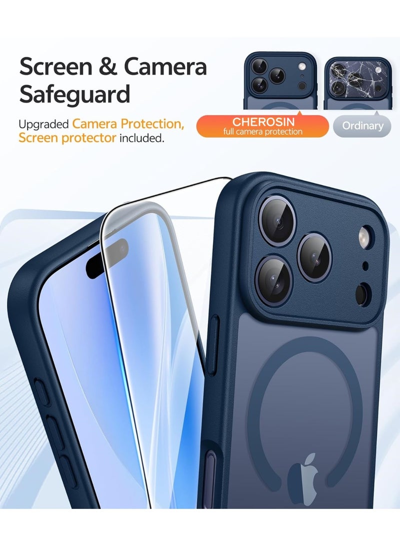 CHEROSIN غطاء 2 في 1 لجهاز iPhone 17 Pro Max متوافق مع Magsafe، غطاء غير لامع شفاف مع واقي شاشة زجاجي مقسى، غطاء هاتف مقاوم للصدمات بمعيار عسكري لجهاز 17 Pro Max بحجم 6.9 بوصة، أزرق - Image 4