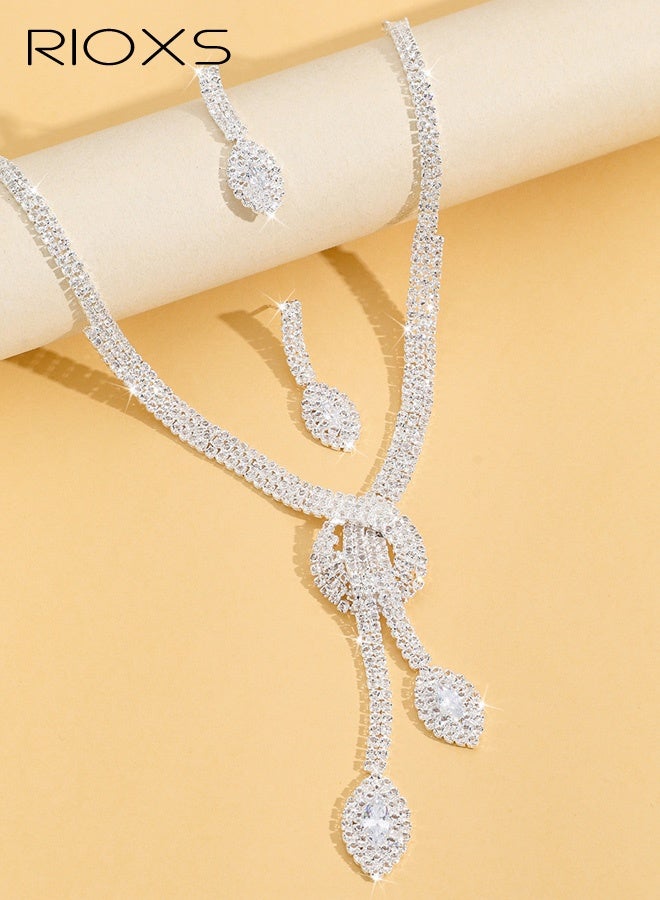 RIOXS Women's 2-Piece Jewelry Set, Necklace and Earrings Stylish Silver Necklace and Earring Set , Elegant Bridal Wedding Accessories , Teardrop Dangle Full-Diamond Geometric Earrings and Necklace Gift - Image 2