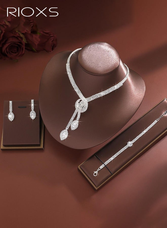 RIOXS Women's 2-Piece Jewelry Set, Necklace and Earrings Stylish Silver Necklace and Earring Set , Elegant Bridal Wedding Accessories , Teardrop Dangle Full-Diamond Geometric Earrings and Necklace Gift - Image 4