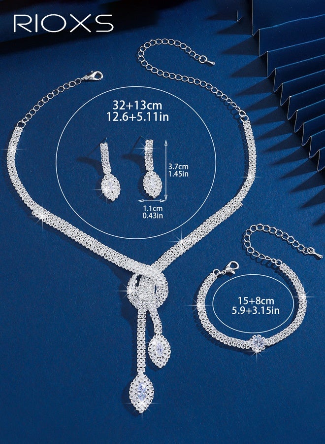 RIOXS Women's 2-Piece Jewelry Set, Necklace and Earrings Stylish Silver Necklace and Earring Set , Elegant Bridal Wedding Accessories , Teardrop Dangle Full-Diamond Geometric Earrings and Necklace Gift - Image 3