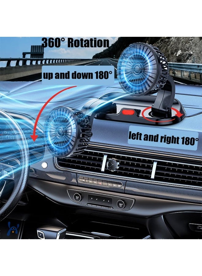 Flushrenic Car Fan,USB/12V/24V Double-Head，Adjustable 360° Car Electric Fan Silent，2-Speed Multi-Functional Temporary Parking Card Car Fan(USB) - Image 3