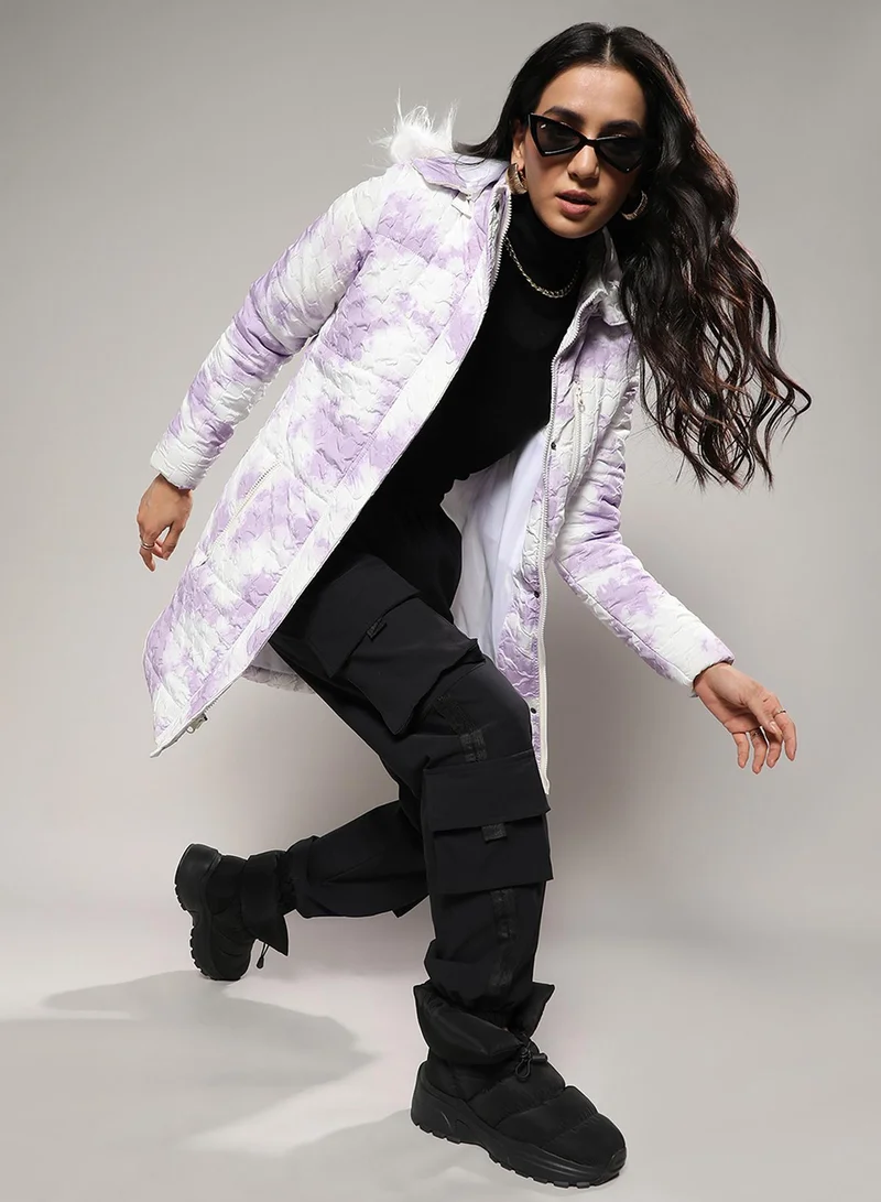 Campus Sutra Women's Powder White & Lilac Creased Tie-Dye Puffer Jacket