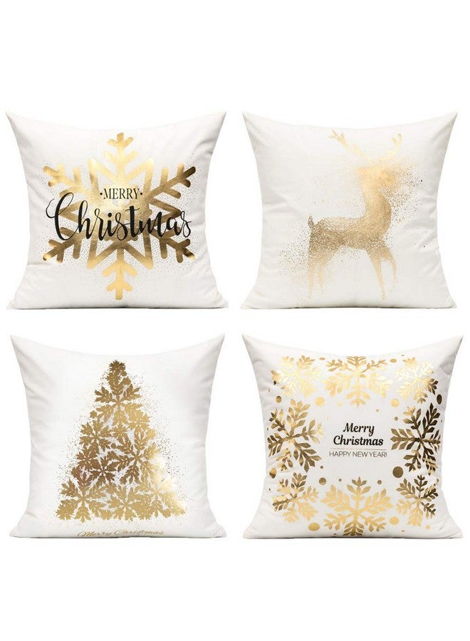 All Smiles All Smiles White Gold Christmas Decorations Throw Pillow Covers 18X18 Set of 4 Winter Xmas Navidad Home Holiday Décor Velvet Cushion Cases for Sofa Tree Snowflake Reindeer  - Image 1