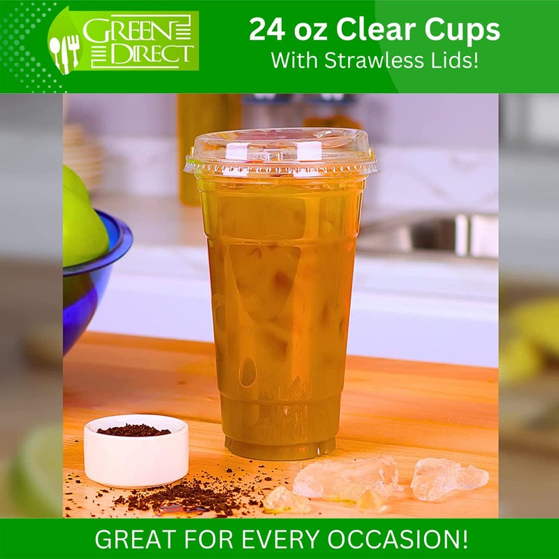 Green Direct 24 oz. Disposable Plastic Clear Cups with Strawless Sip Lids for Iced Coffee 50 - Image 4