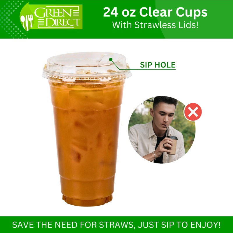 Green Direct 24 oz. Disposable Plastic Clear Cups with Strawless Sip Lids for Iced Coffee 50 - Image 2