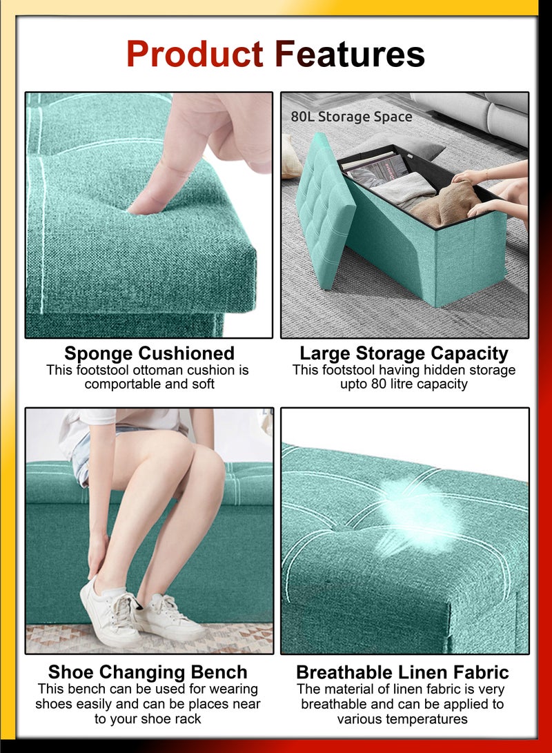 DBLEW Linen 76x38x38cm Foldable Ottoman Storage Bench Cube Boxes Footrest Shoe Changing Step Stool Padded Seat For Bedroom Hallway Chair Dorm Living Room Table Space Saving With Lid 80L Capacity - Image 2