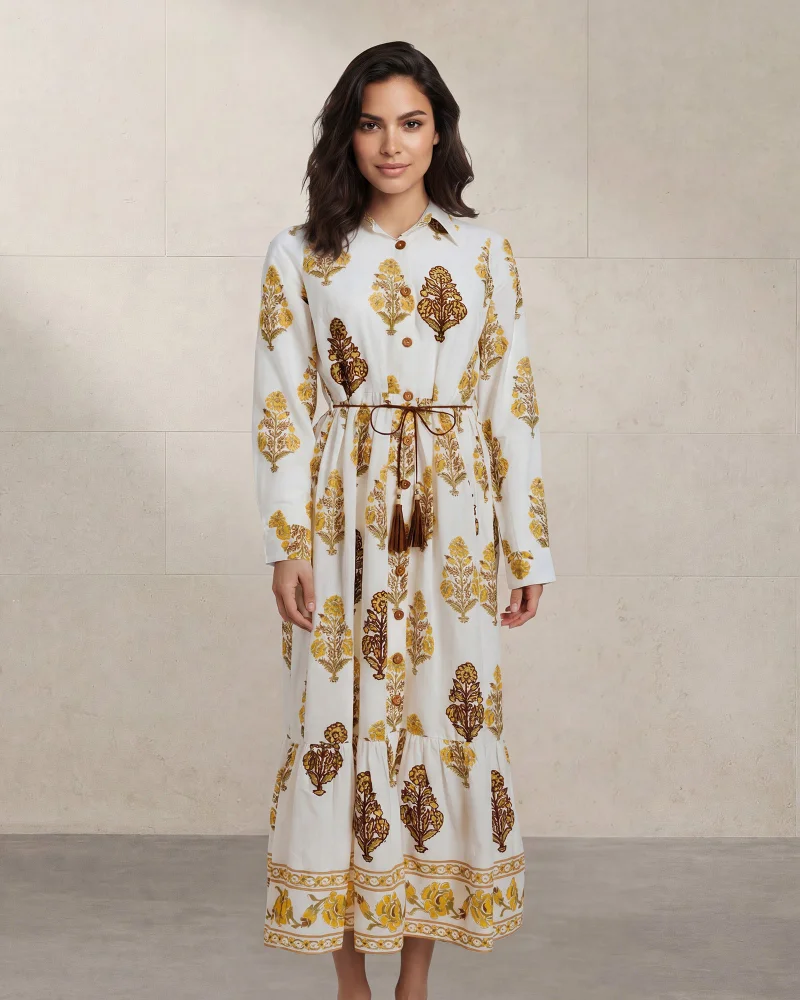 Redtag Women Brown And Embroidered Button Front Maxi Dress