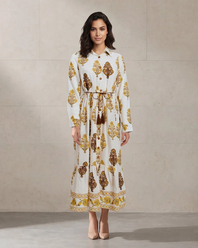 Redtag Women Brown And Embroidered Button Front Maxi Dress