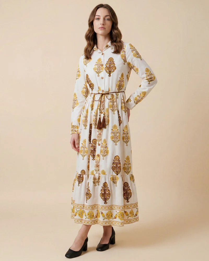 REDTAG Women Brown And Embroidered Button Front Maxi Dress