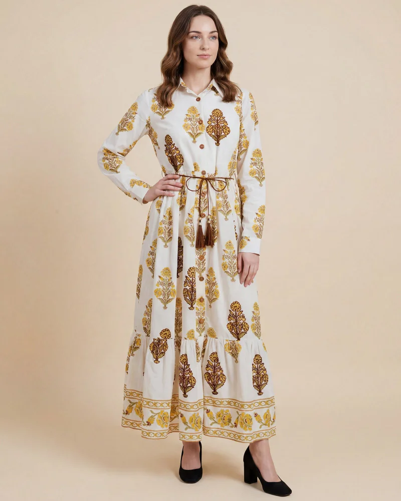 REDTAG Women Brown And Embroidered Button Front Maxi Dress