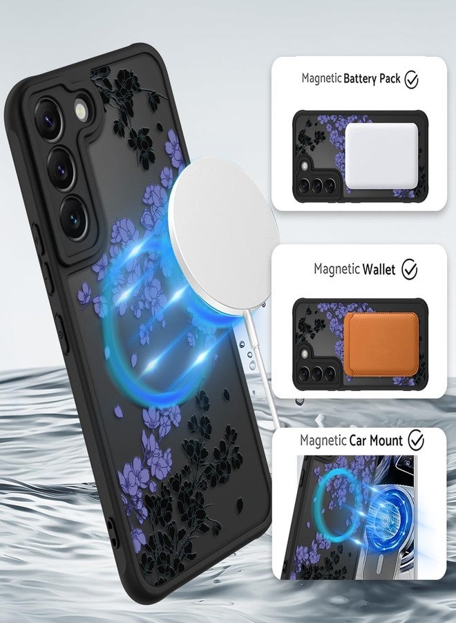 أو أو كيه جراب OOK مناسب لهاتف سامسونج جالاكسي S22 بشاشة 6.2 بوصة (متوافق مع الشحن اللاسلكي)، بتصميم زهور بنفسجية، غطاء هاتف شفاف، مصنوع من مادة TPU ناعمة + مادة PC صلبة، مقاوم للخدوش والصدمات، جراب مغناطيسي للنساء - Image 2
