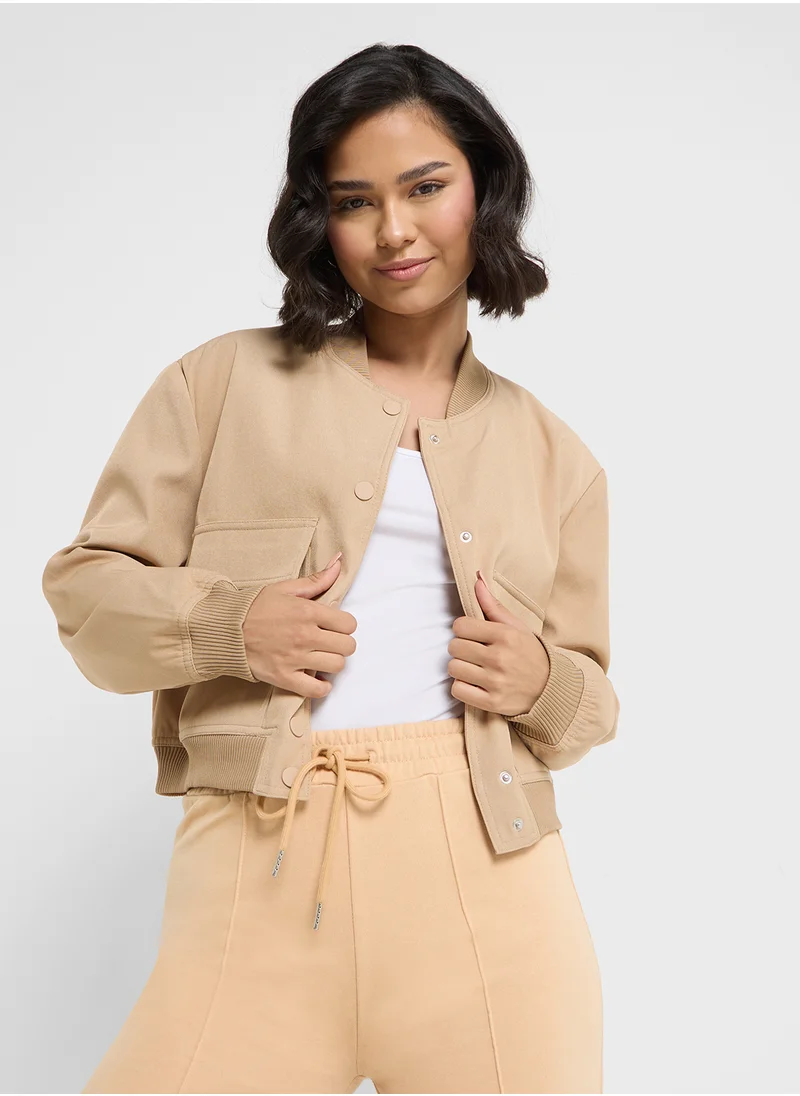 جينجر Button Up Bomber Jacket With Double Pocket