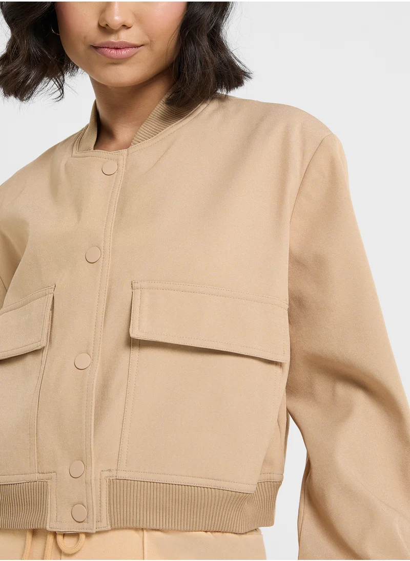 Ginger Button Up Bomber Jacket With Double Pocket