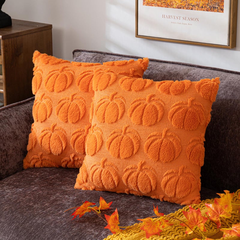 COSIBONO Pumpkin Fall Decorative Throw Pillow Covers 18x18 Set of 2 Orange Soft Faux Fur Pillow Covers for Autumn Harvest Fluffy Plush Accent Pillow Cases for Farmhouse Couch Cushion Covers