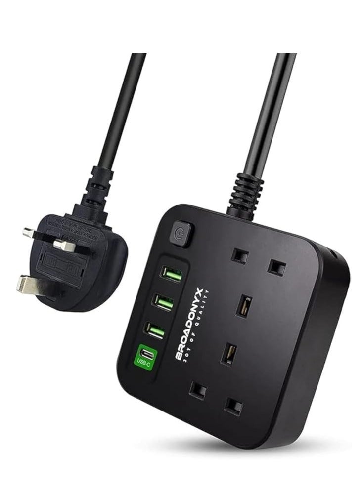 Broadonyx Extension cord Power Strip 30W type C Electrical Plug Sockets 2 Way USB-C 1.8M Extension Cord Black - Image 1