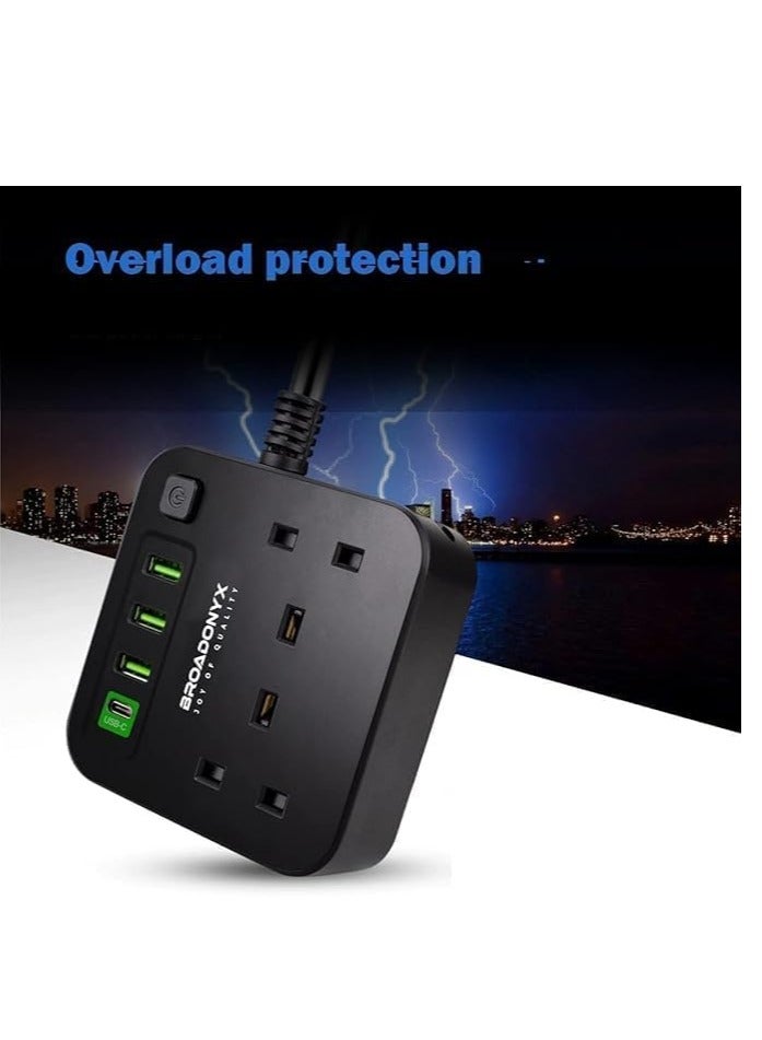 Broadonyx Extension cord Power Strip 30W type C Electrical Plug Sockets 2 Way USB-C 1.8M Extension Cord Black - Image 4