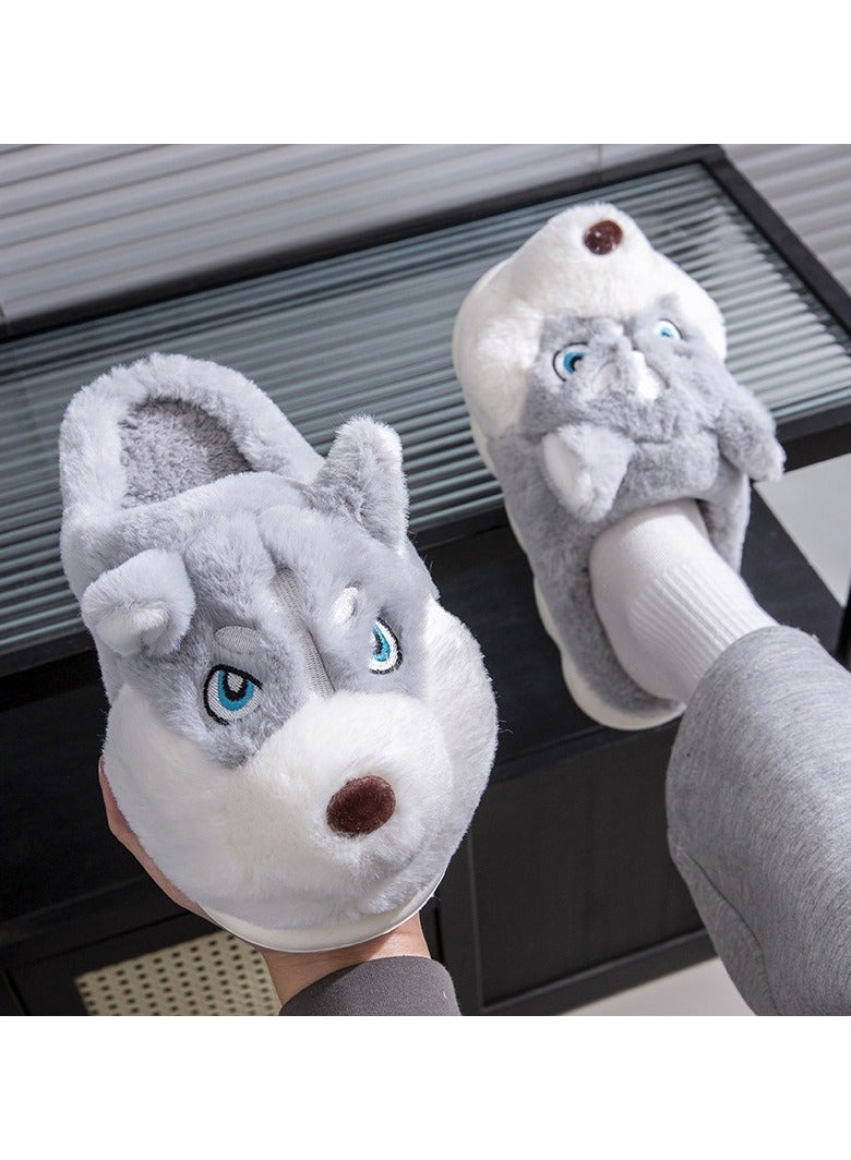 Style نعال هسكي محشوة على شكل كرتوني - نعال حيوانات مضادة للانزلاق - أحذية منزلية مريحة وناعمة - نعال كلب لطيفة لفصل الخريف والشتاء