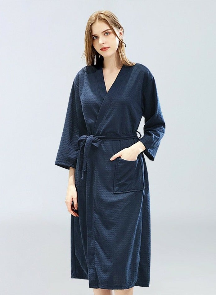 إسكدنيا رداء خفيفة الوزن رداء وافل كيمونو رداء حمام ناعم سريع التجفيف رداء ليلي أزرق بحري - Image 3