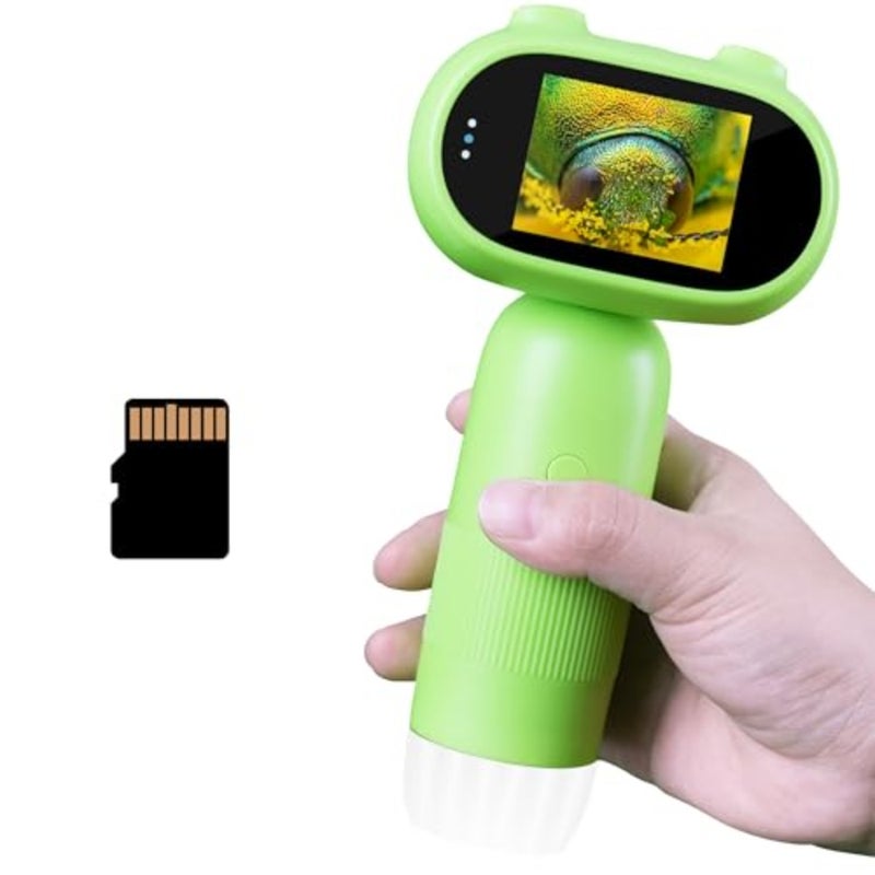Handheld kids microscope for educational science use, green plastic body, 2-inch screen with 1000x digital magnification, portable pocket design with 16GB memory card included - Image 1