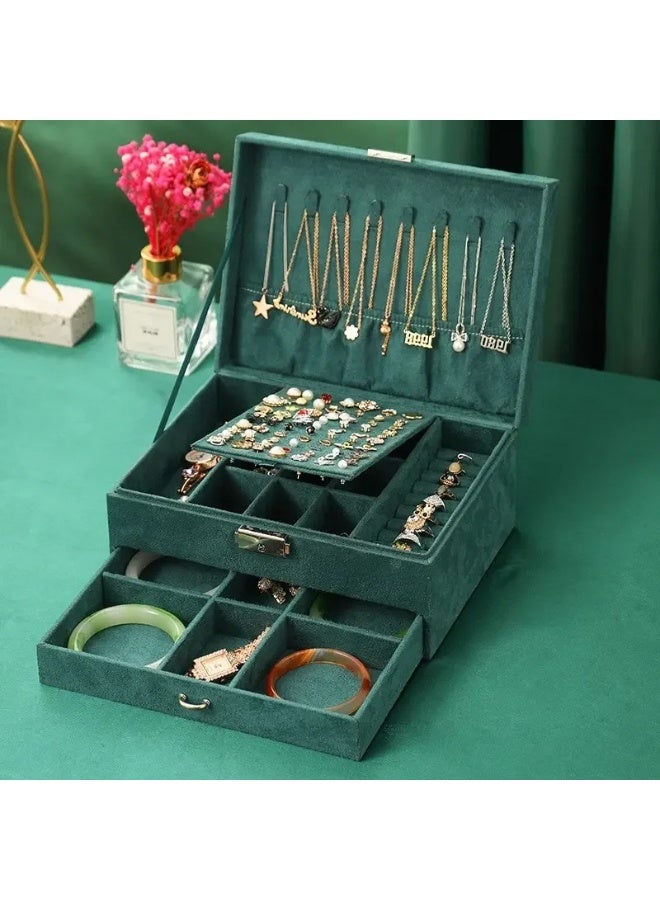 Jewelry Box Organizer for Women Girls, 3-Layer Jewelry Organizer with Lock and Drawer, Portable Jewellery Holder Removable Grids Tray Storage Case for Earring Rings Necklaces Bracelets Sunglasses - Image 1