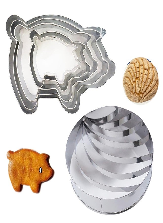 Heluok 4 Inch Concha Cutter Mexican Bread Mold with 5 Sizes Piggy Cookie Cutters, Stainless Steel Molde Para Hacer Conchas De Pan, Metal Concha Shell Stamp and Pig Cookie Cutter Set - Image 1