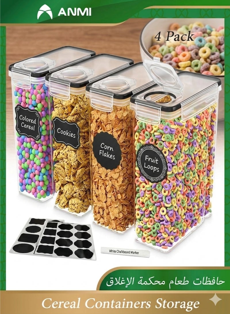 أنمي طقم حافظات طعام محكمة الإغلاق 4 قطع (سعة 4 لتر) - منظمات مطبخ بلاستيكية خالية من BPA لتخزين الحبوب والأرز والدقيق - تشمل أغطية قفل وملصقات تنظيم - Image 1
