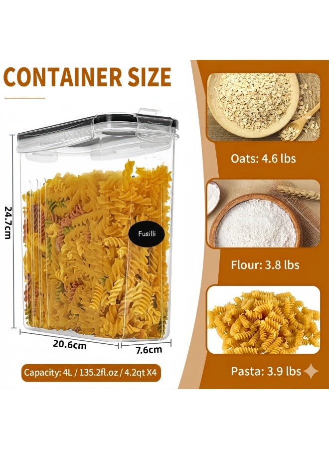 أنمي طقم حافظات طعام محكمة الإغلاق 4 قطع (سعة 4 لتر) - منظمات مطبخ بلاستيكية خالية من BPA لتخزين الحبوب والأرز والدقيق - تشمل أغطية قفل وملصقات تنظيم - Image 2