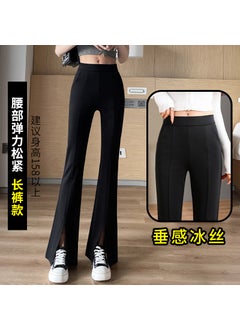 Womens Spring and Autumn High Waist Slim Look plus size chubby girl Black Autumn and Winter fleece-lined Faux Trousers Micro-pull split trousers [summer thin section]]
