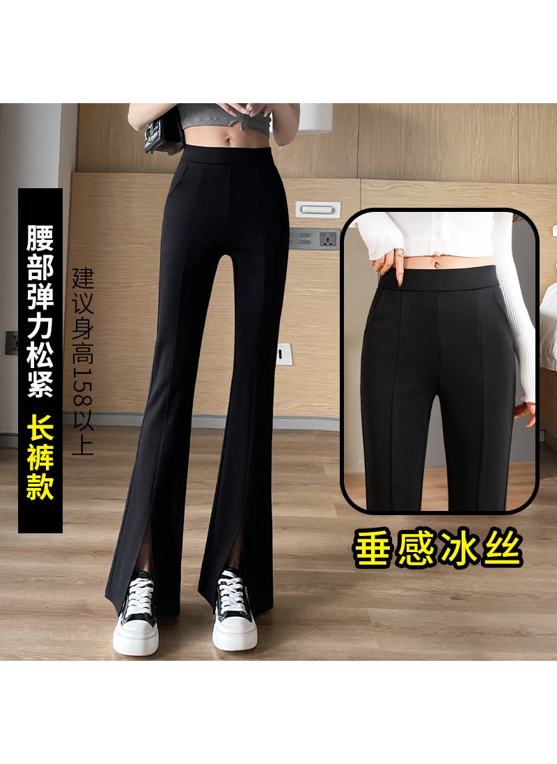 Generic - Womens Spring and Autumn High Waist Slim Look plus size chubby girl Black Autumn and Winter fleece-lined Faux Trousers Micro-pull split trousers [summer thin section]] - Image 1
