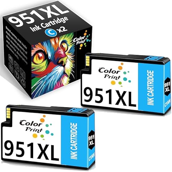 COLOR PRINT COMPATIBLE 950XL AND 951XL INK CARTRIDGE REPLACEMENT FOR HP 951 CYAN INK 950 XL HP950 FOR OFFICE JET 8600 PRO 251DW 276DW 8100 8610 8615 8620 8625 8630 SERIES PRINTER (2-PACK,CYAN,CN050AN) - Image 2