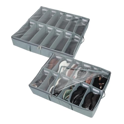 SHIBUI Under Bed Shoe Organizer with Zipper—Dustproof & Space-Saving Storage for Sneakers, Heels & Boots, Adjustable Compartments, 24.5 x 29 x 5.5 Inch. (Non Woven Grey, Pack of 2) - Image 1