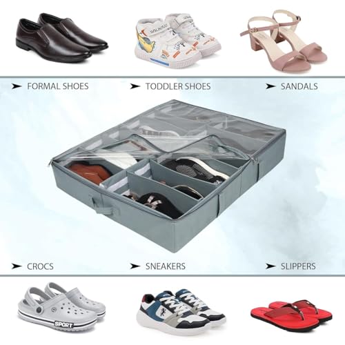 SHIBUI Under Bed Shoe Organizer with Zipper—Dustproof & Space-Saving Storage for Sneakers, Heels & Boots, Adjustable Compartments, 24.5 x 29 x 5.5 Inch. (Non Woven Grey, Pack of 2) - Image 3