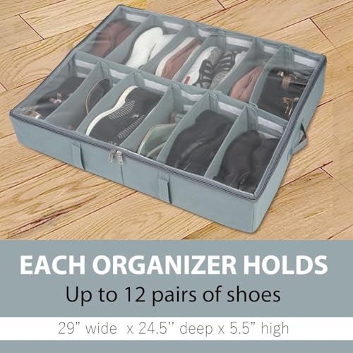 SHIBUI Under Bed Shoe Organizer with Zipper—Dustproof & Space-Saving Storage for Sneakers, Heels & Boots, Adjustable Compartments, 24.5 x 29 x 5.5 Inch. (Non Woven Grey, Pack of 2) - Image 2