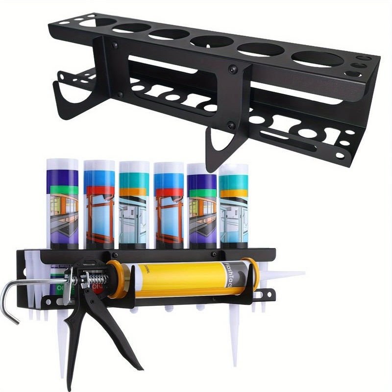 Black Wall Mounted Sealant Gun Rack Holds 6 Barrels and Nozzles - Image 1