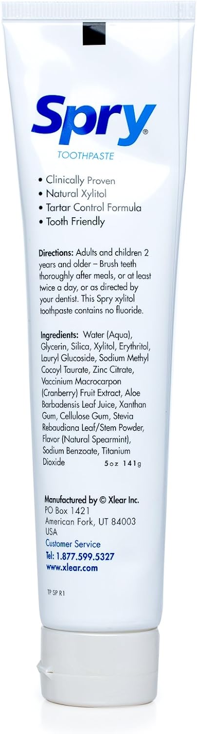 Spry Natural Xylitol Toothpaste 5oz for Adults and Kids Fluoride Free Gentle for Sensitive Teeth Whitening and Remineralizing Breath Freshening Mouth Moisturizing Spearmint Pack of 1 - Image 3