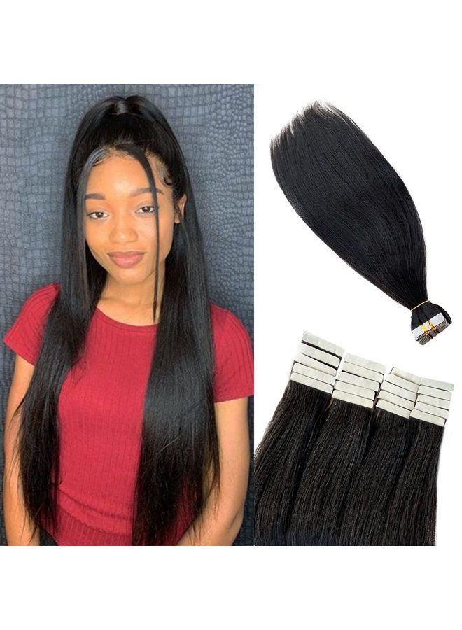 Light Yaki Tape in Hair Extensions Human Hair Black Women, Yaki Straight Tape in Extensions #1b Black Real Human Hair Yaki Tape ins 18 Inch 50g 20pcs, with Extra Tapes Double Sided