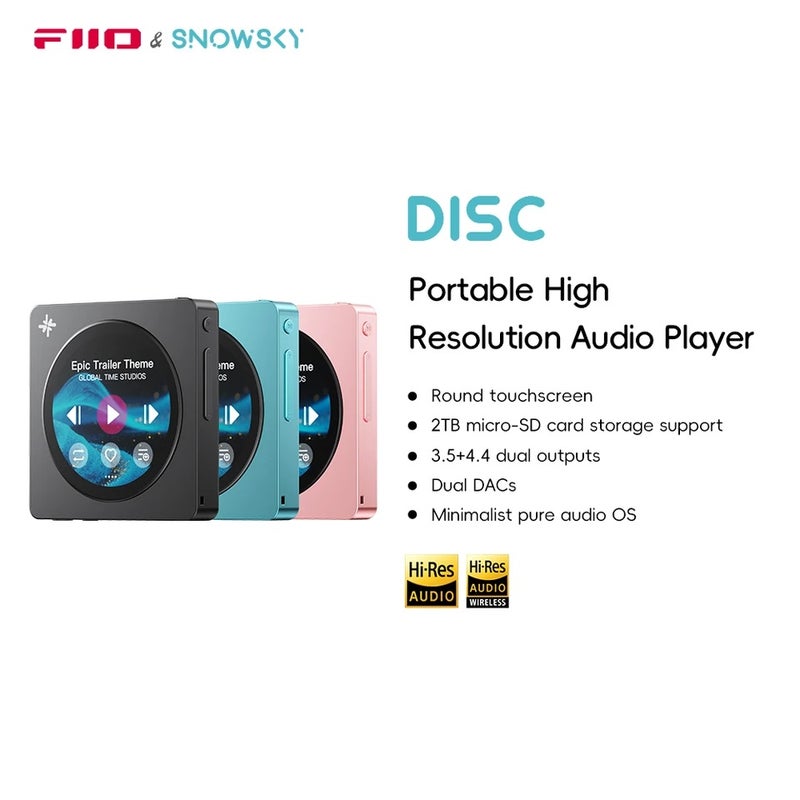 Fiio Disc Portable HiFi Music Player, Dual DAC Player with 3.5mm & 4.4mm Outputs, Bluetooth 5.4 Ldac, Round Touchscreen, Sky Blue - Image 2