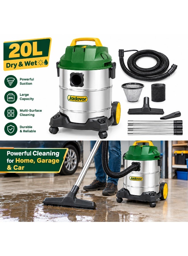 JADEVER 20L Wet & Dry Vacuum Cleaner | Powerful Suction | Stainless Steel Tank | Multi-Surface Cleaning for Home, Garage & Car - Image 3
