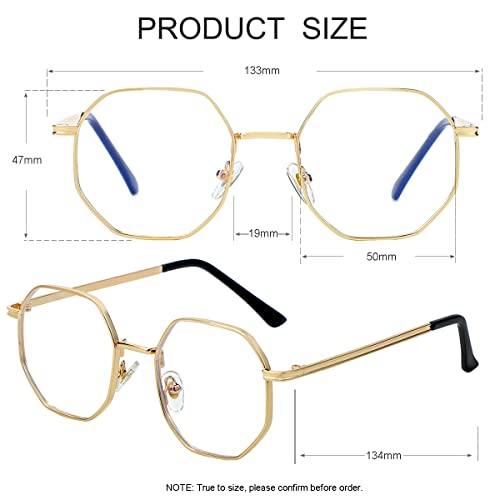 JOVAKIT Polygon Blue Light Blocking Glasses for Women Men Vintage Octagon Square Non-prescription Metal Eyeglasses (Gold) - Image 3
