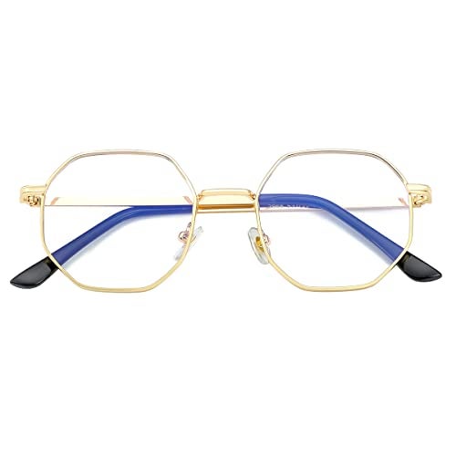 JOVAKIT Polygon Blue Light Blocking Glasses for Women Men Vintage Octagon Square Non-prescription Metal Eyeglasses (Gold) - Image 2