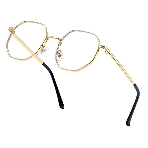 JOVAKIT Polygon Blue Light Blocking Glasses for Women Men Vintage Octagon Square Non-prescription Metal Eyeglasses (Gold) - Image 1