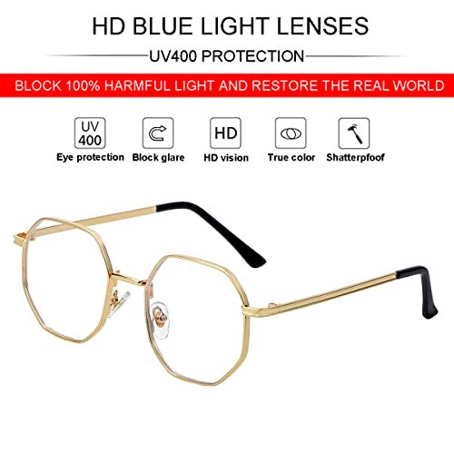 JOVAKIT Polygon Blue Light Blocking Glasses for Women Men Vintage Octagon Square Non-prescription Metal Eyeglasses (Gold) - Image 4