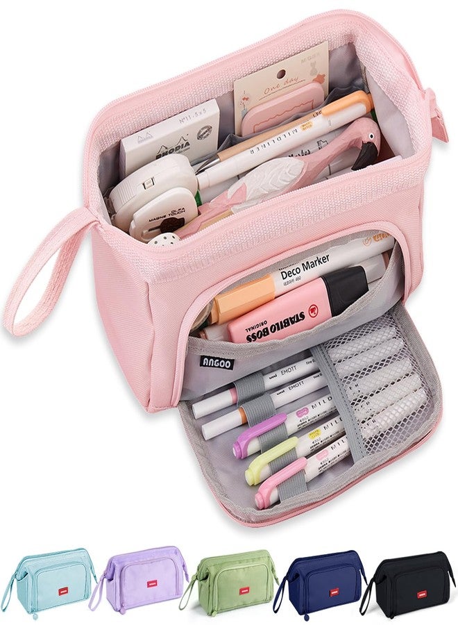 MAMUNU Pencil Case Pouch Large Capacity with Compartments, Pencil Case Pouch Bag with Zipper Handle for Teen Girls Adults Women, Portable Pen Bag Stationery Organizer for Office School Travel, Pink - Image 1