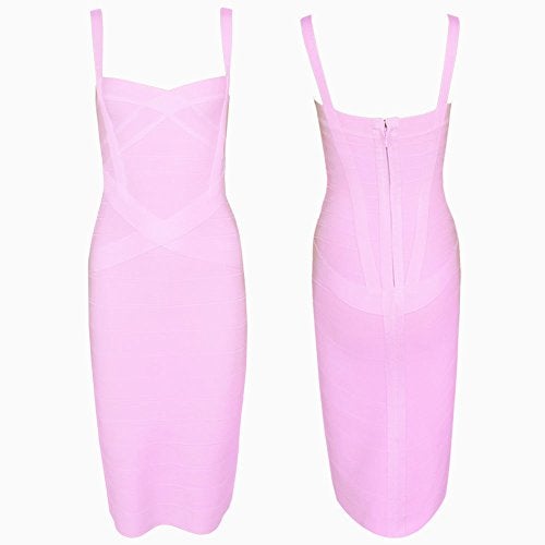 HLBandage Midi-Calf Solid Color Spaghetti Strap Rayon Bandage Dress(M,Light Pink) - Image 3