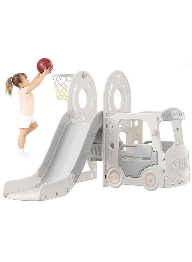 Beauenty 4 in 1 Toddler Slide, Bus Themed Baby Slide for Toddlers Age 1-3, with Basketball Hoop, Indoor Outdoor Playset Playground - Image 1