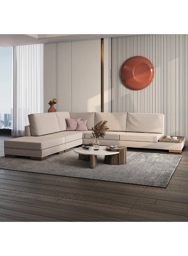 الهوم كنبة زاوية 5 مقاعد شكل حرفL من الخشب السويدي والكتان - بيج - Image 1