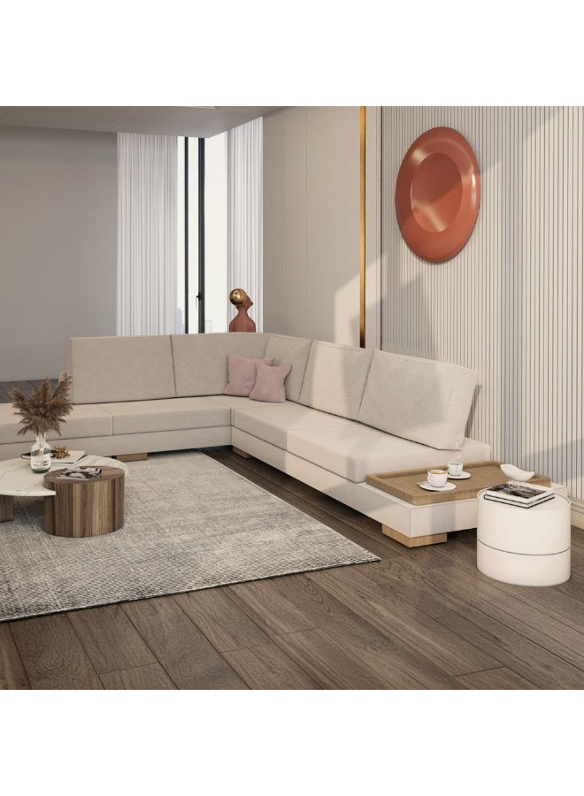 الهوم كنبة زاوية 5 مقاعد شكل حرفL من الخشب السويدي والكتان - بيج - Image 3