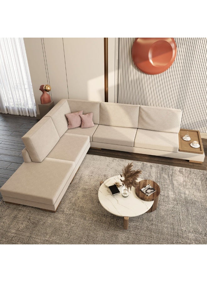 الهوم كنبة زاوية 5 مقاعد شكل حرفL من الخشب السويدي والكتان - بيج - Image 4