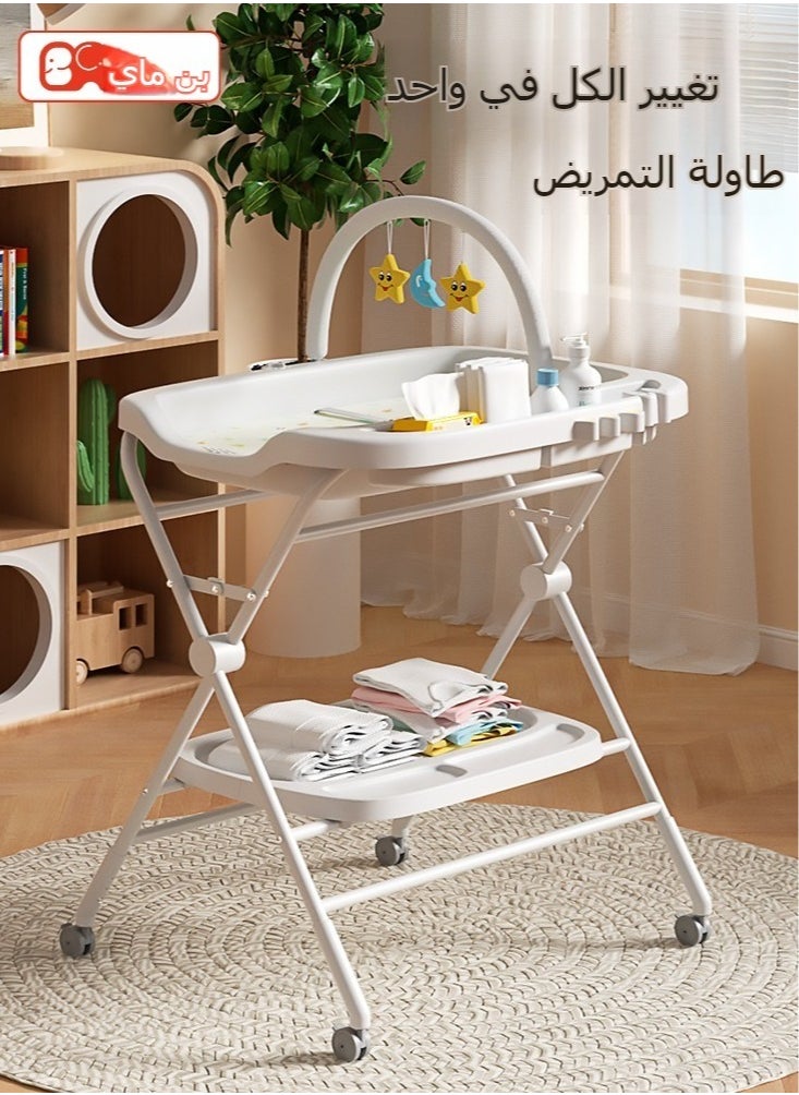 XiuWoo - Water-Proof Baby Changing Table with Wheels, Foldable Adjustable Height Diaper Changing Tables with Changing Pad & Storage Rack Diaper Station for Newborn Baby and Infant - Image 1